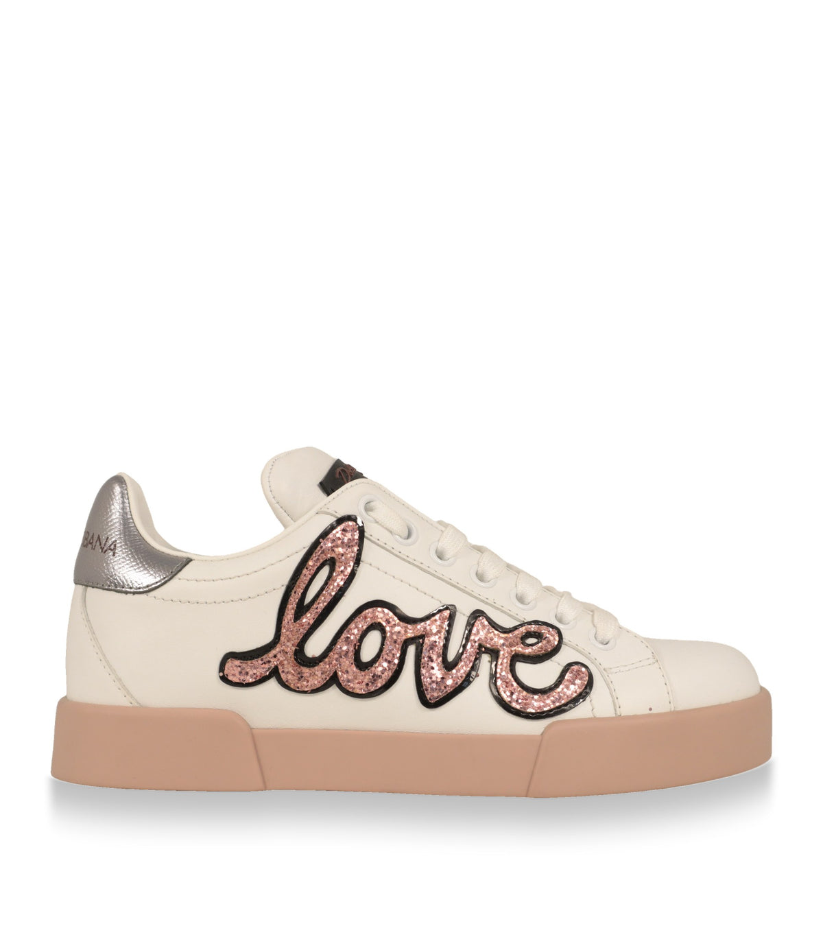 Dolce & Gabbana Sneaker in Weiß mit rosé Glitzer-Schriftzug love, Seitenansicht