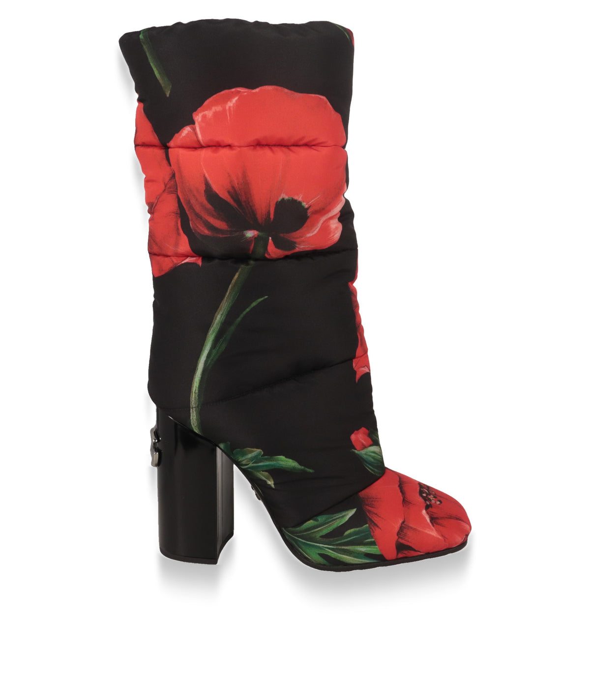Dolce & Gabbana Stiefel in Schwarz mit rotem Mohnblumen-Print, Seitenansicht