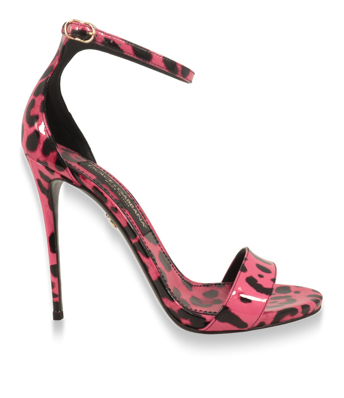 Dolce & Gabbana Sandaletten aus Lackleder mit pinkem Leoparden-Print in Seitenansicht
