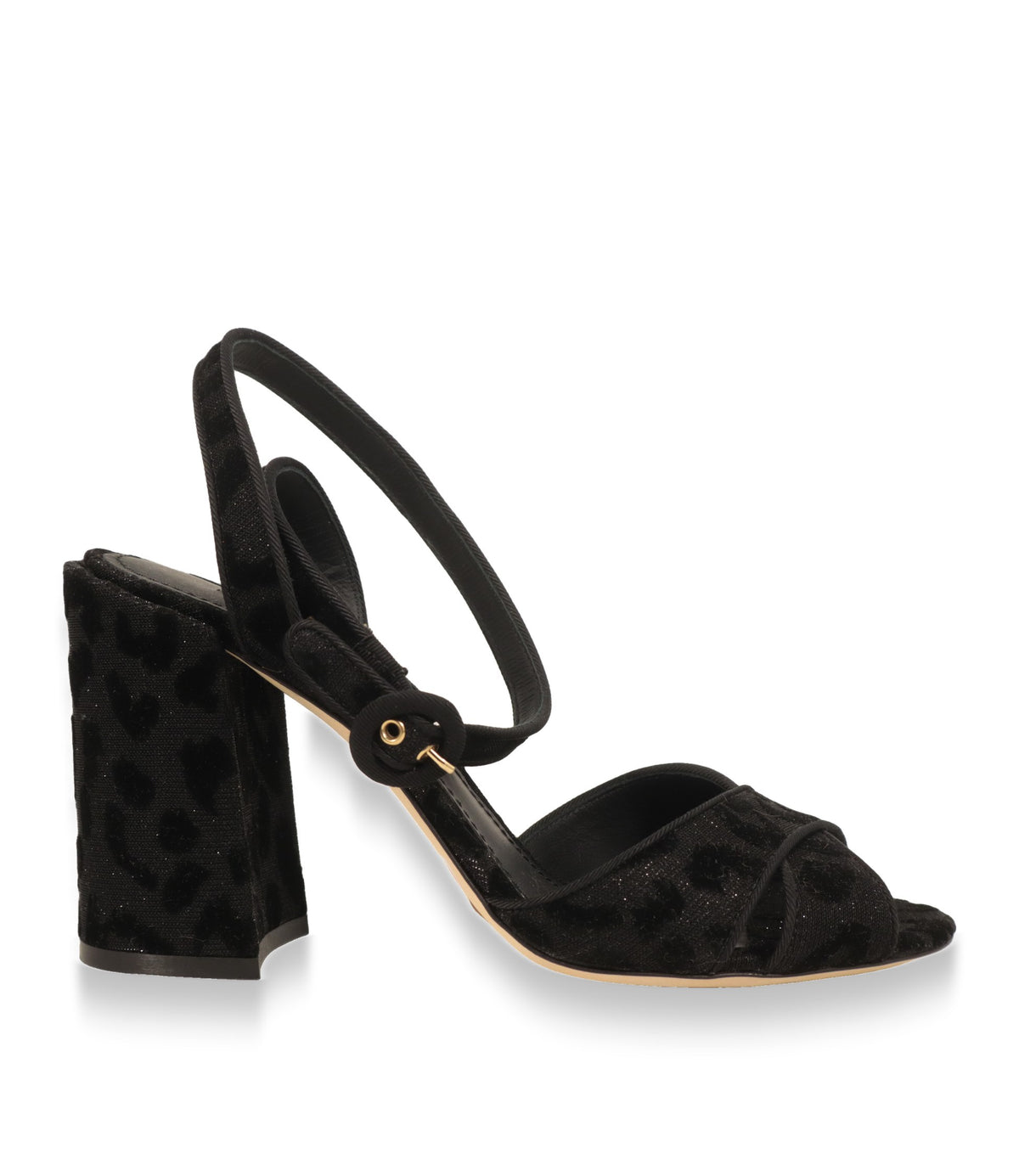 Dolce & Gabbana Sandaletten in Schwarz mit Leoparden-Flockprint und Blockabsatz, Seitenansicht