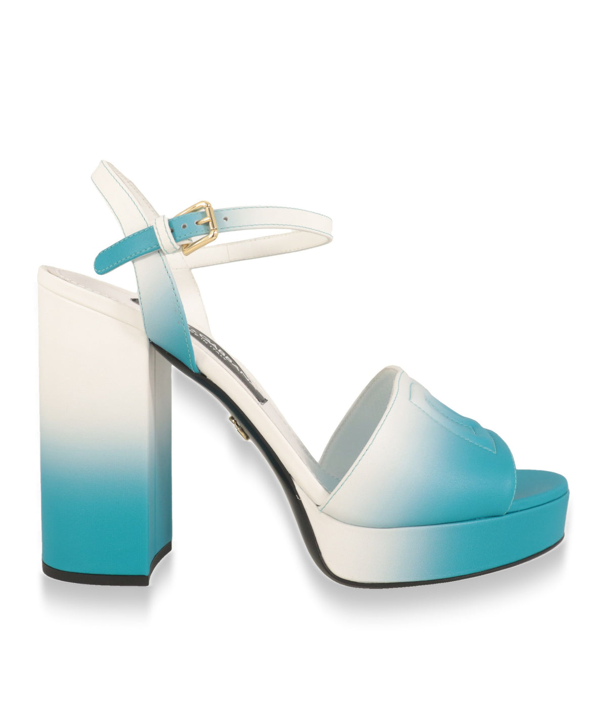 Dolce & Gabbana Plateau-Sandalen in Weiß-Türkis Degradé mit Blockabsatz, Seitenansicht