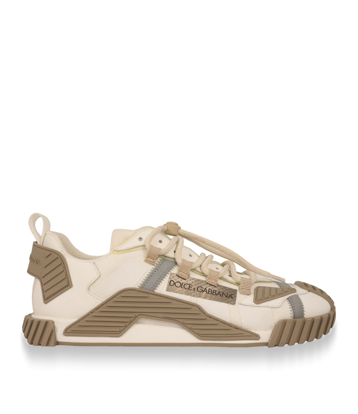 Dolce & Gabbana Sneaker in Weiß und Beige, Seitenansicht mit Logo-Label und Gummiapplikationen