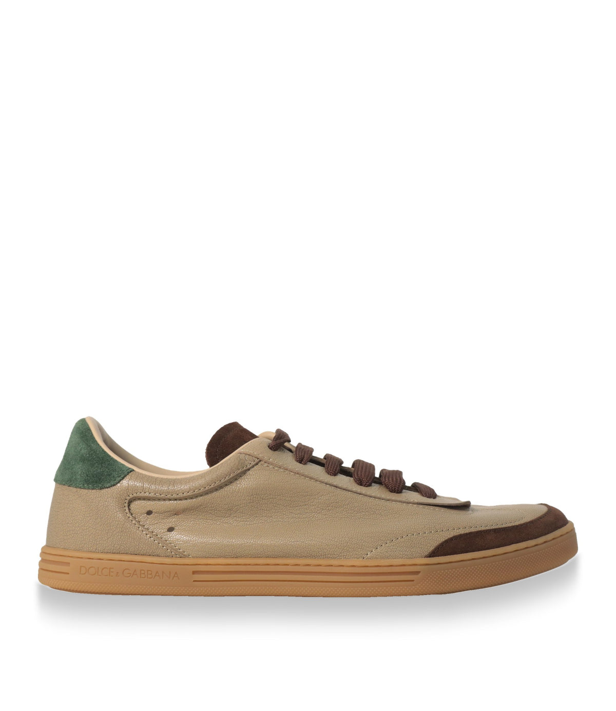Dolce & Gabbana Sneaker in Beige aus Ziegenleder mit grüner Fersenblende, Seitenansicht