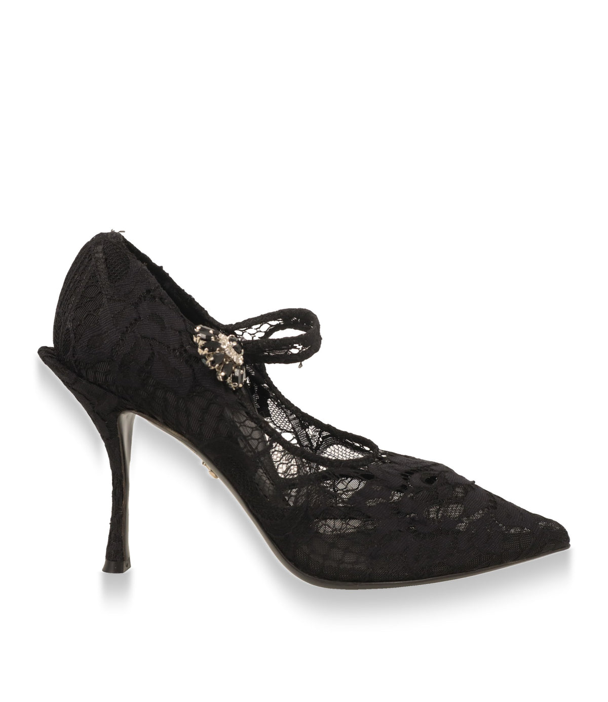 Dolce & Gabbana Mary Jane Schuhe aus schwarzer Spitze in Seitenansicht mit Stiletto-Absatz