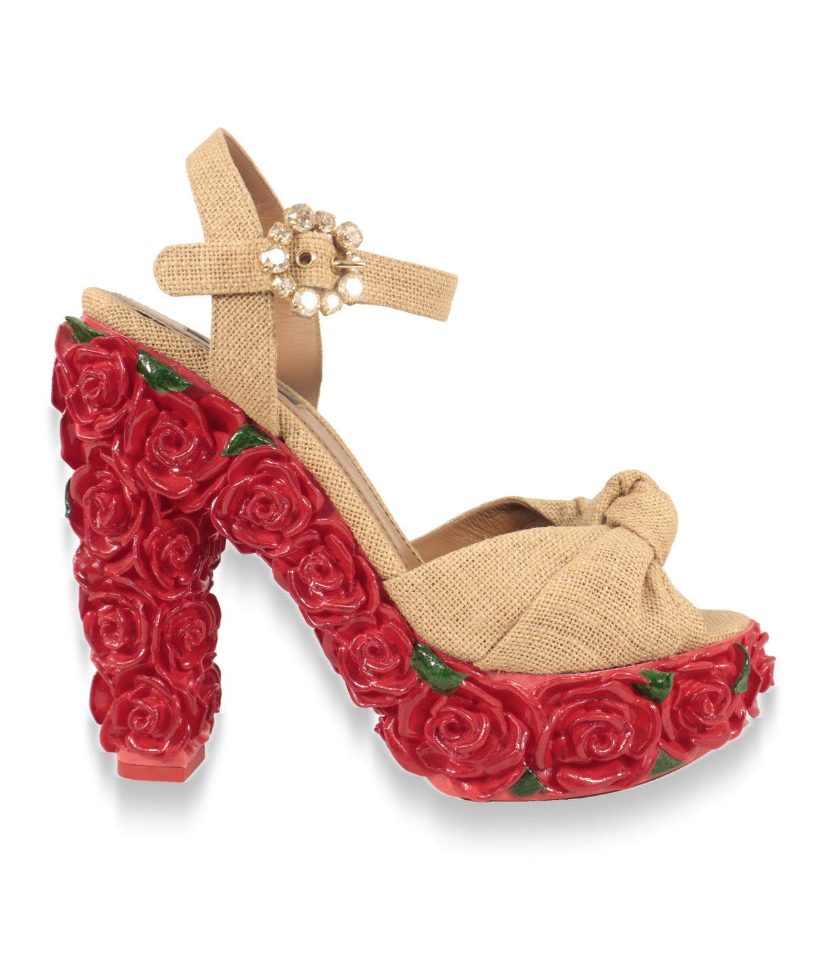Dolce & Gabbana Plateau-Sandalen aus beiger Jute mit rotem Rosen-Absatz, Seitenansicht