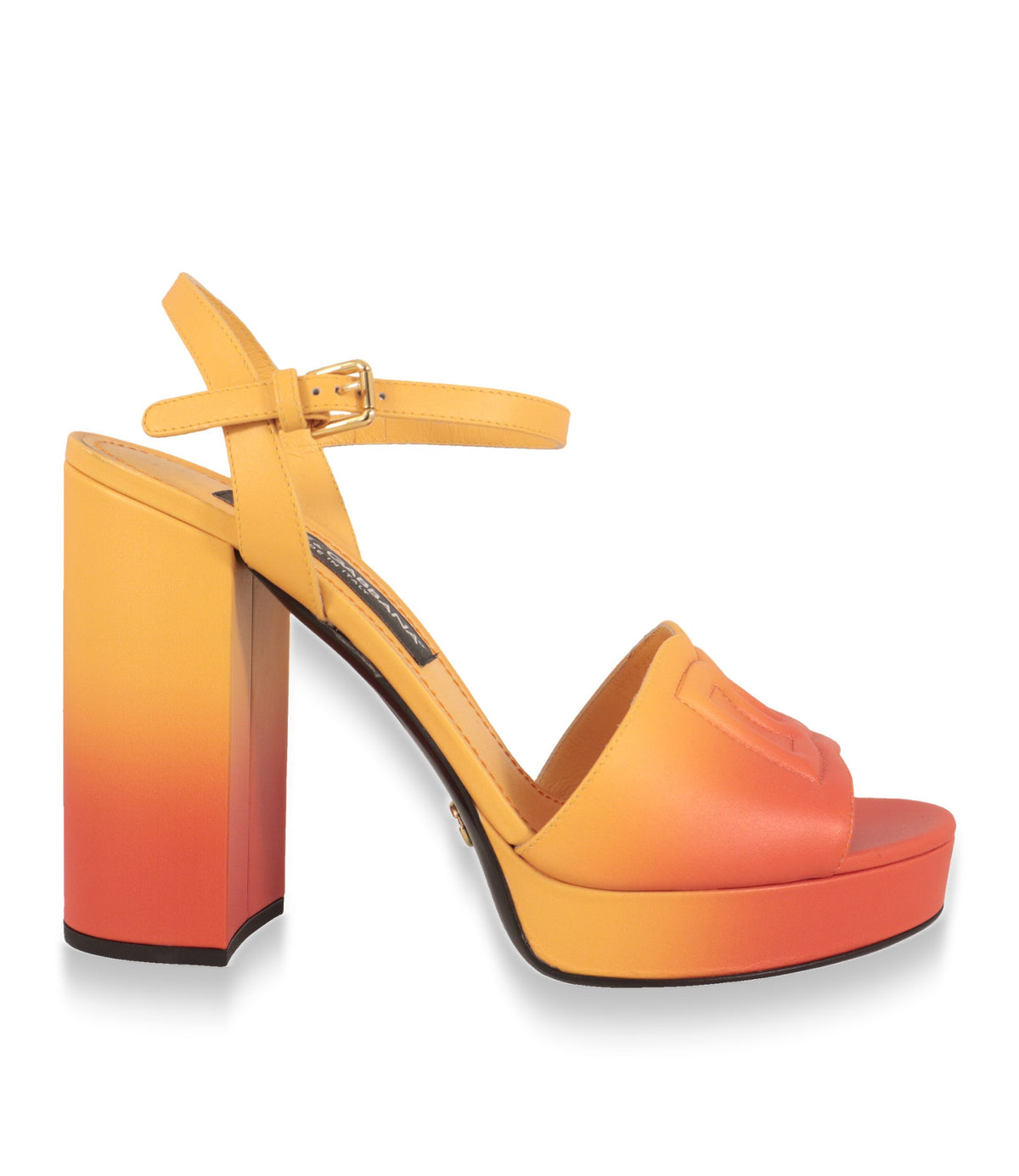 Dolce & Gabbana Plateau-Sandalen aus Leder in Gelb-Orange mit Blockabsatz, Seitenansicht
