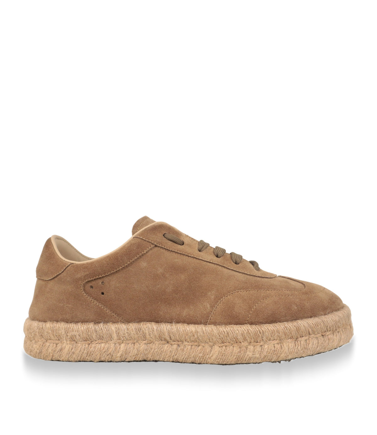 Dolce & Gabbana Sneaker aus beigem Wildleder mit Jutesohle in der Seitenansicht