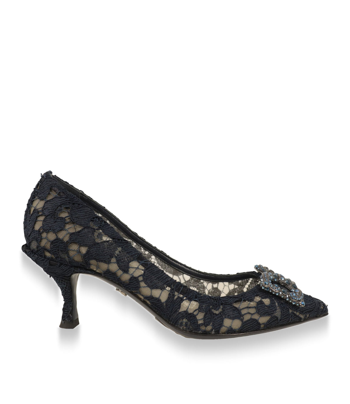 Dolce & Gabbana Pumps aus dunkelblauer Spitze in der Seitenansicht mit Kitten-Heel