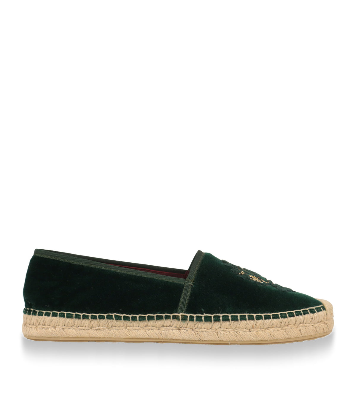 Dolce & Gabbana Espadrilles aus grünem Samt in der Seitenansicht mit geflochtener Jutesohle
