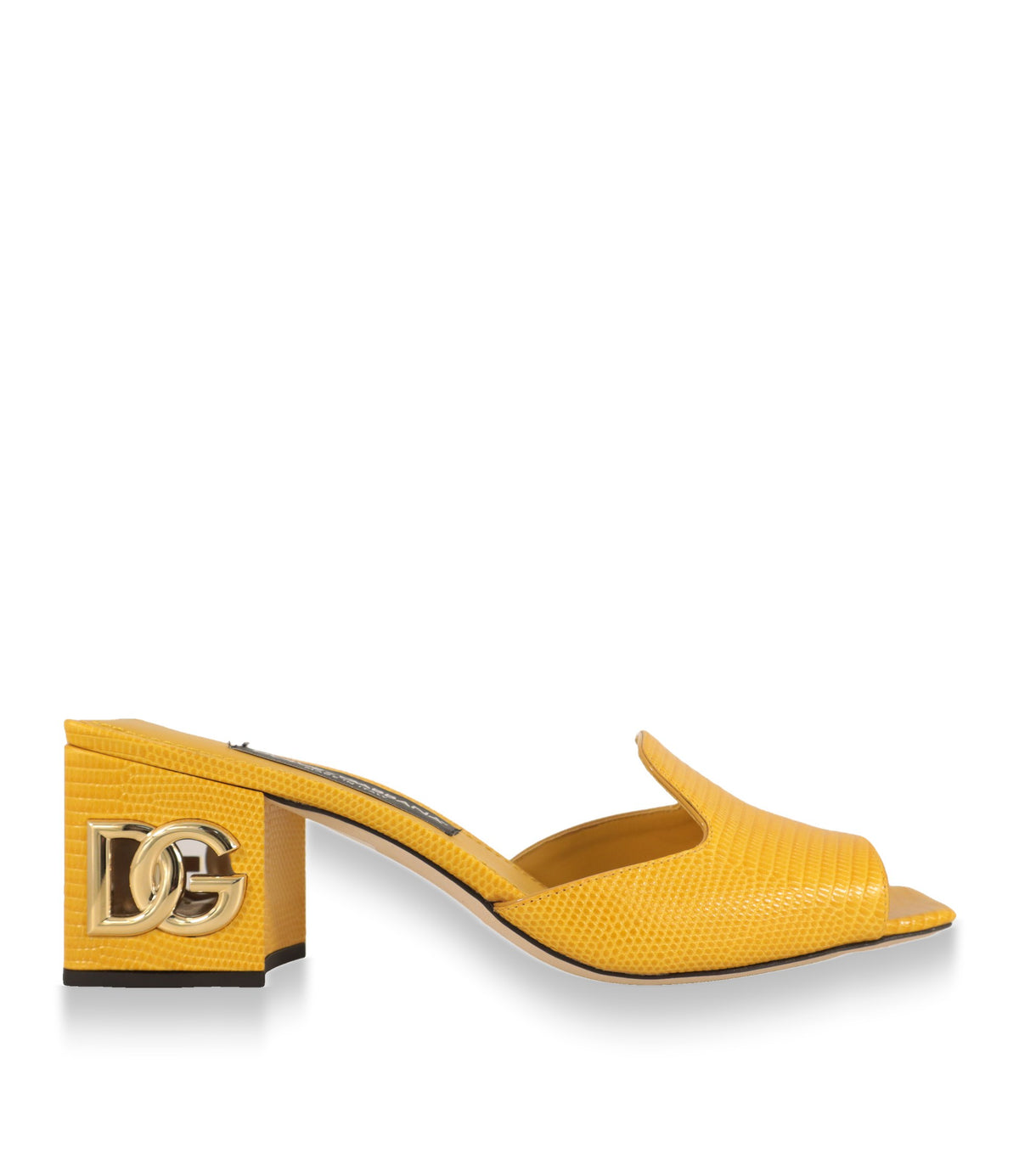 Dolce & Gabbana Mules in Gelb mit Blockabsatz und goldenem DG-Logo, Seitenansicht