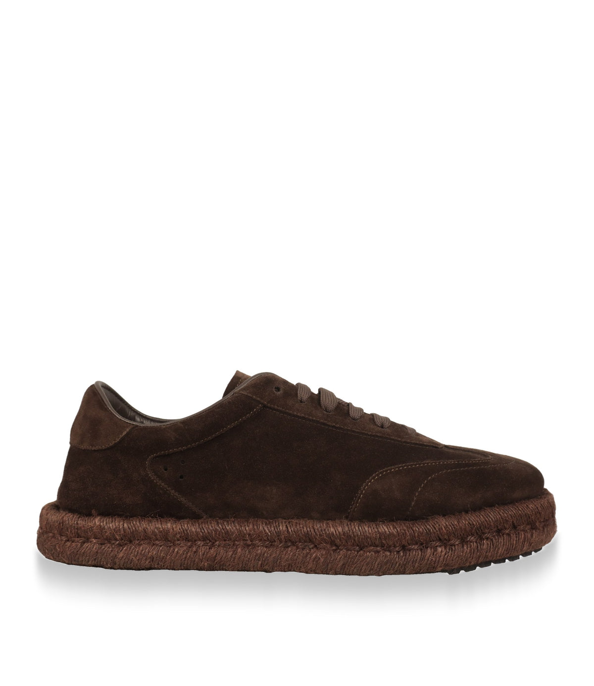 Dolce & Gabbana Sneaker aus braunem Wildleder mit Jutesohle in der Seitenansicht
