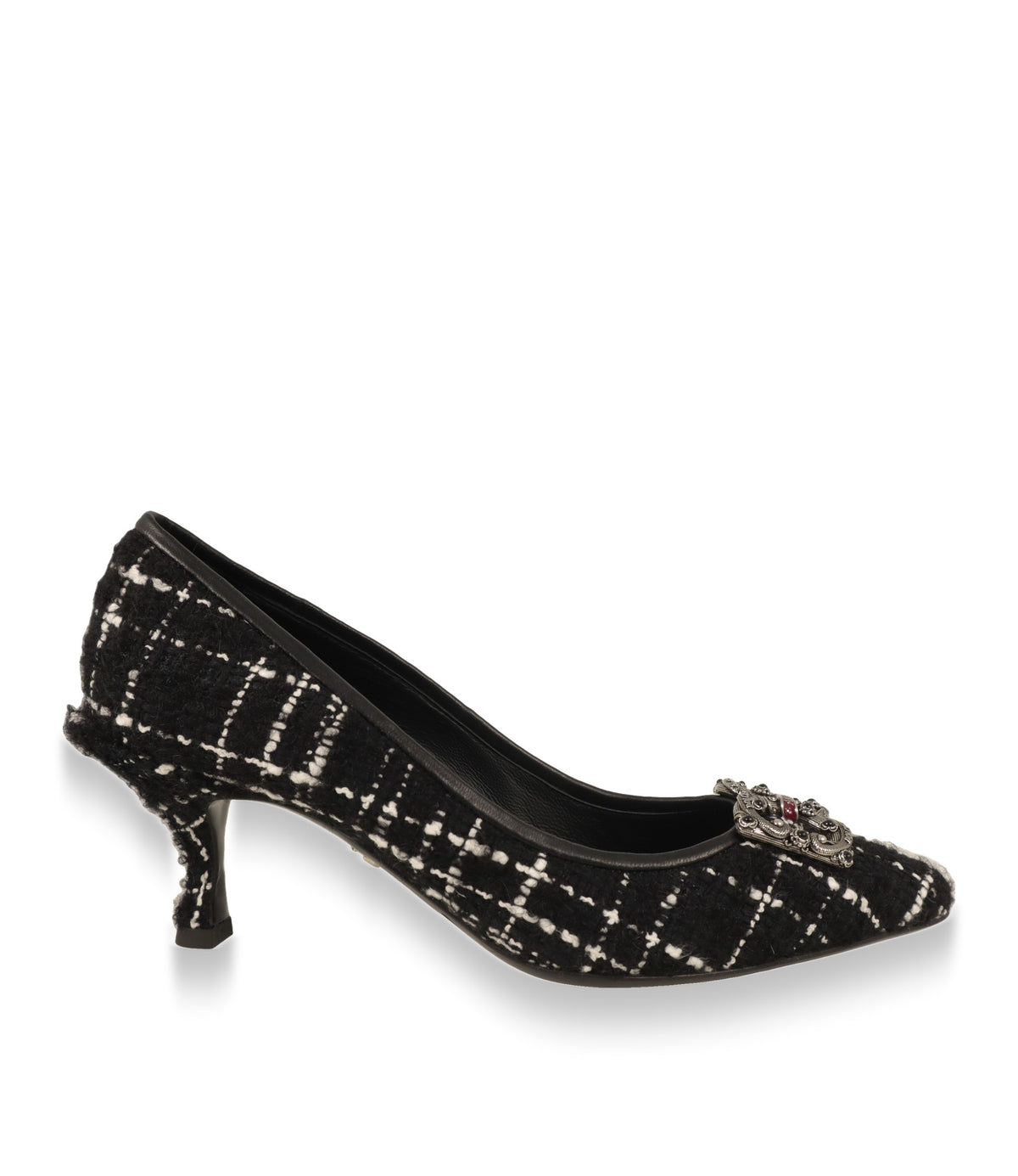 Dolce & Gabbana Pumps in schwarz-weißem Tweed mit Kitten Heel in Seitenansicht