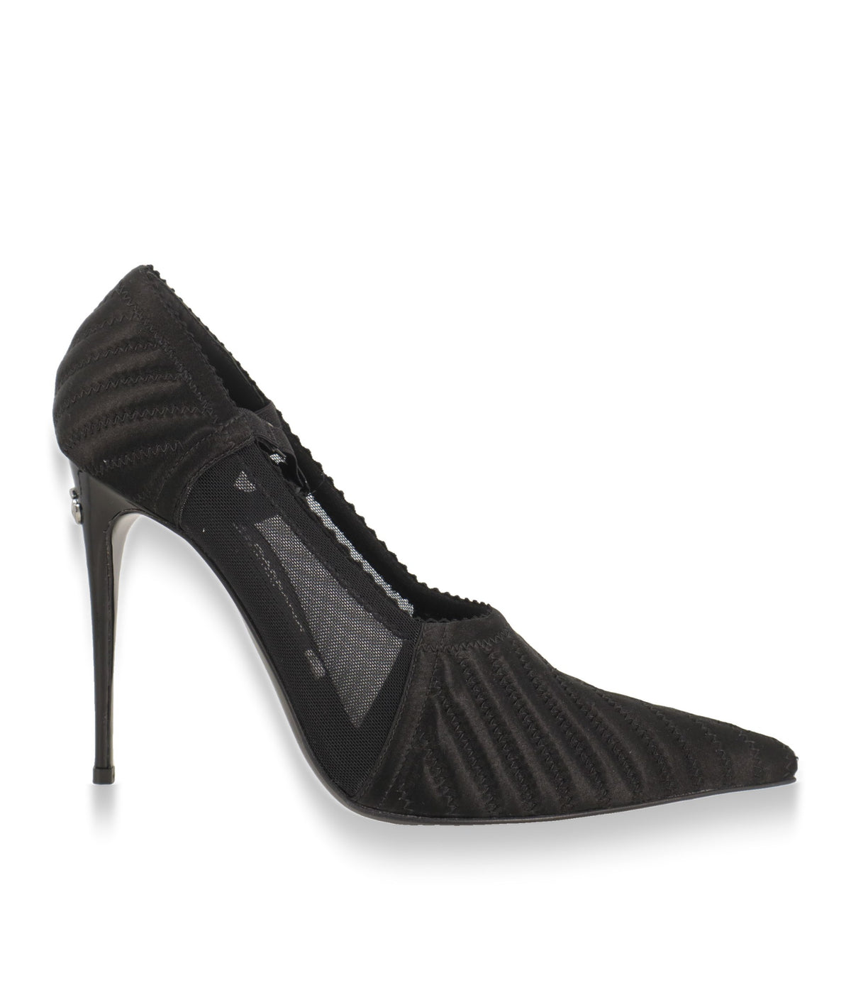 Dolce & Gabbana Pumps in Schwarz, Seitenansicht mit hohem Stiletto-Absatz und Satin-Steppung