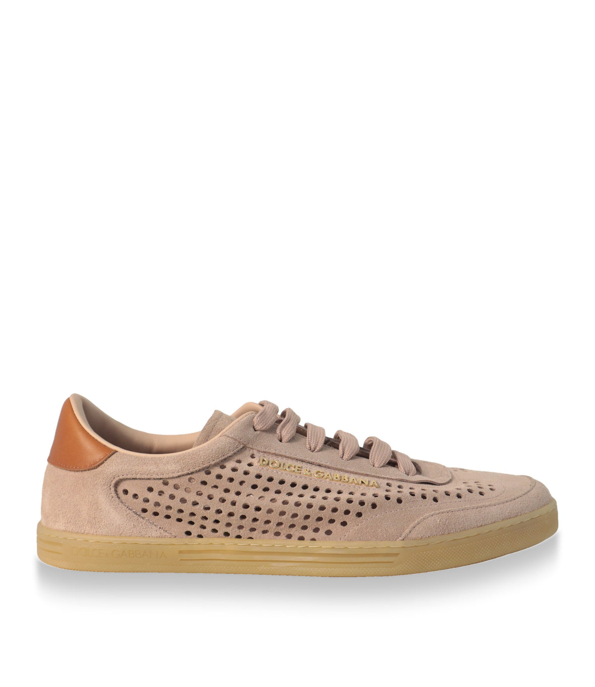 Dolce & Gabbana Sneaker in Puderrosa aus Wildleder, Seitenansicht mit goldenem Logo
