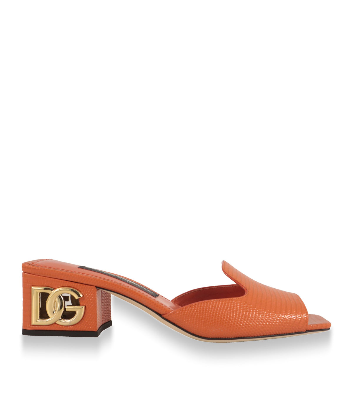 Dolce & Gabbana Mules in Orange, Seitenansicht mit goldenem DG-Logo am Blockabsatz