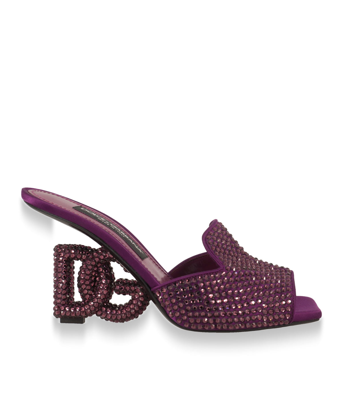 Dolce & Gabbana Mules in Lila mit Kristallbesatz und DG-Logoabsatz, Seitenansicht