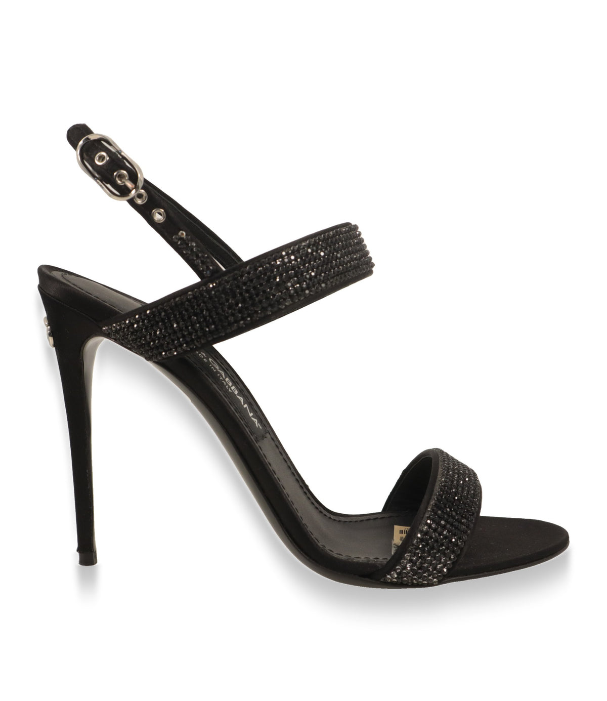 Dolce & Gabbana Sandaletten in Schwarz mit Kristallriemen und Stiletto-Absatz in der Seitenansicht