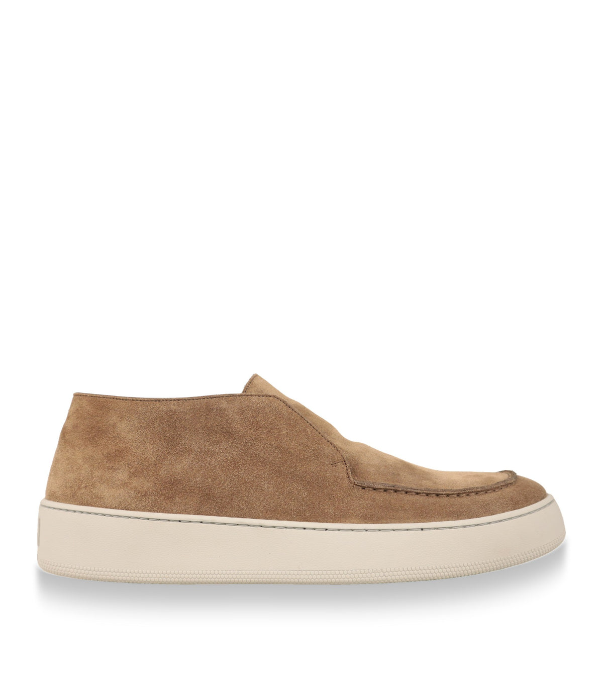 Sergio Rossi Slip-On Sneaker in beigem Wildleder, Seitenansicht mit weißer Gummisohle