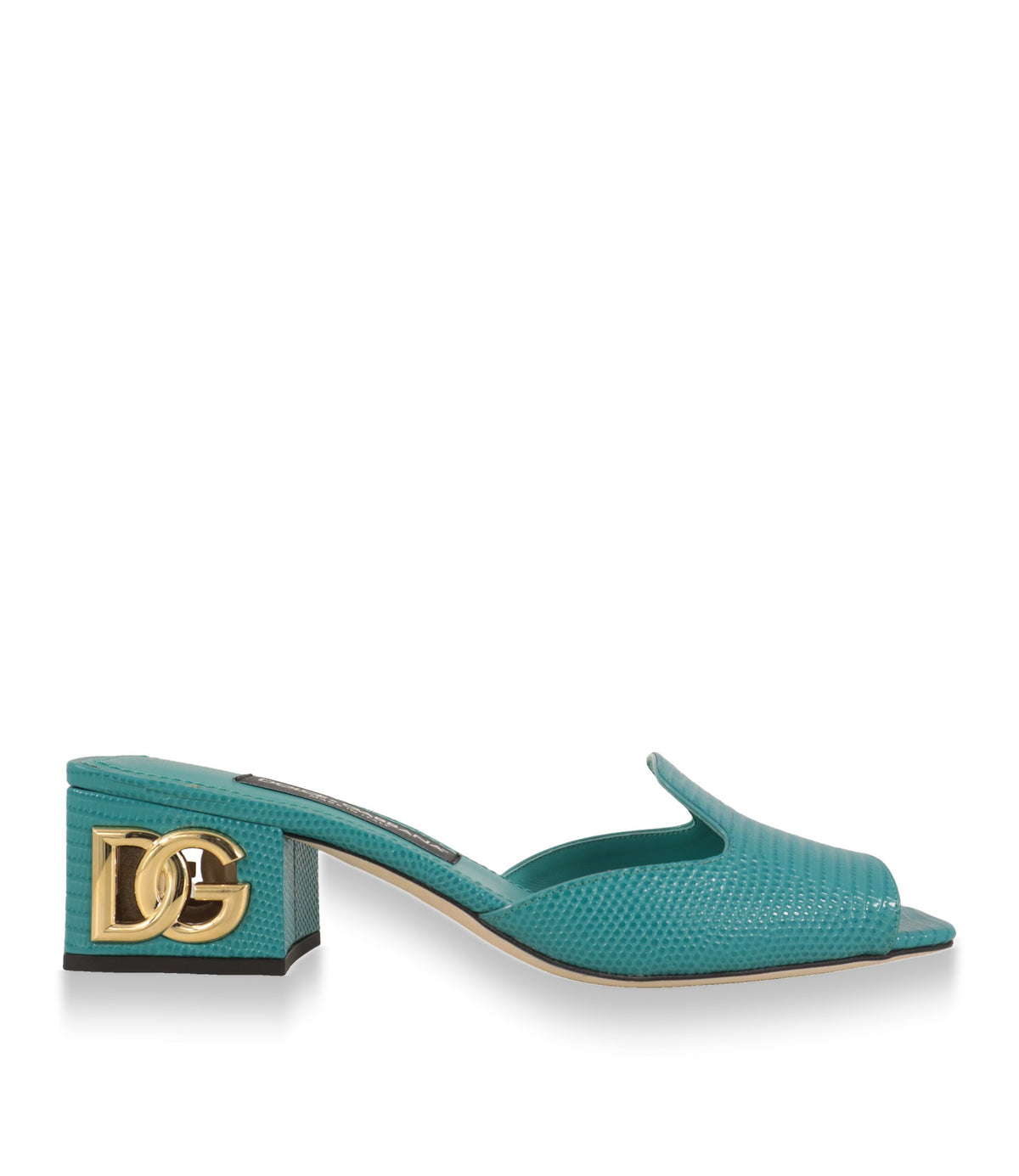 Dolce & Gabbana Mules in Türkis mit goldenem DG-Blockabsatz, Seitenansicht