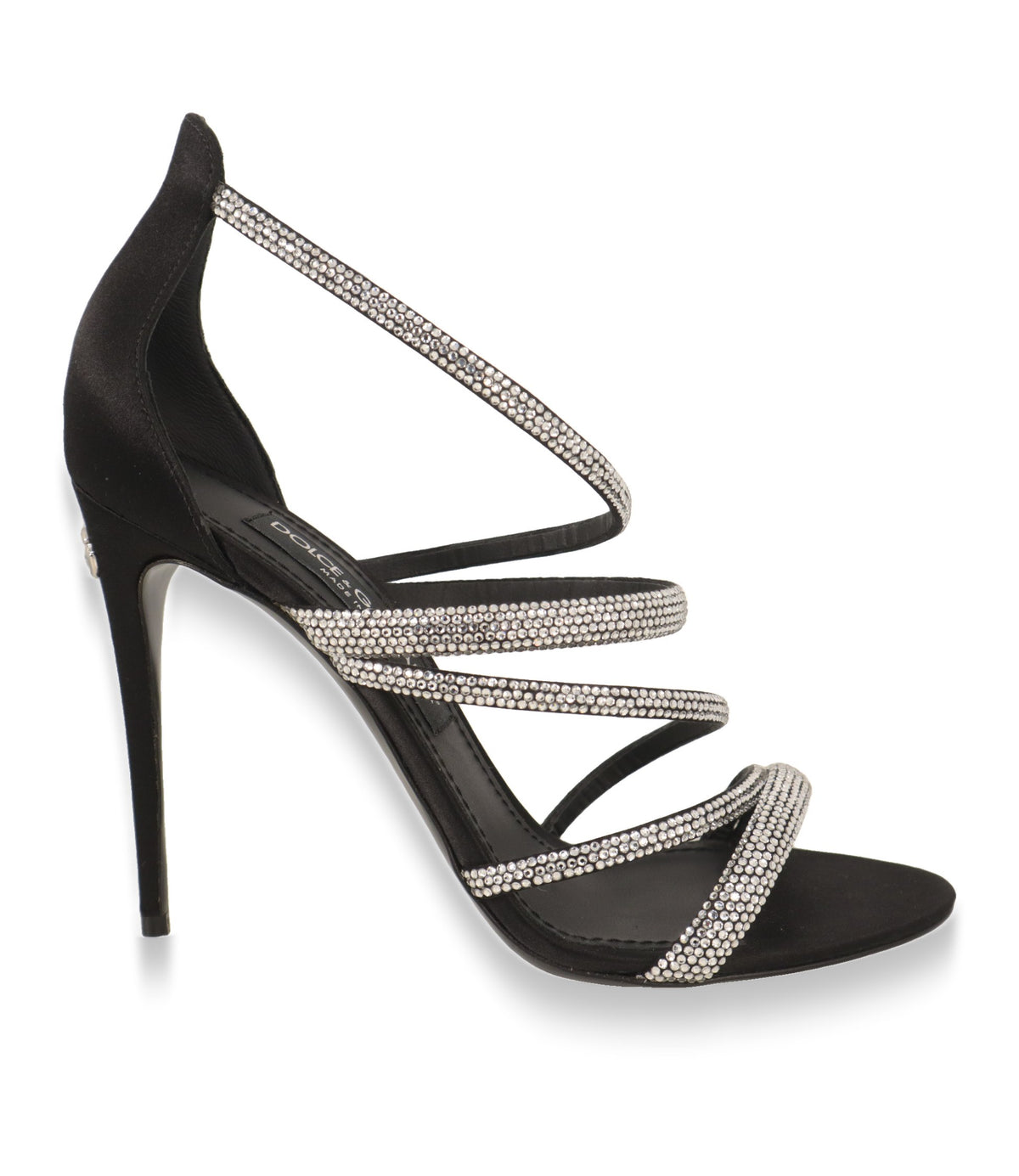 Dolce & Gabbana Sandaletten in Schwarz mit Kristallriemen, Seitenansicht mit Stiletto-Absatz