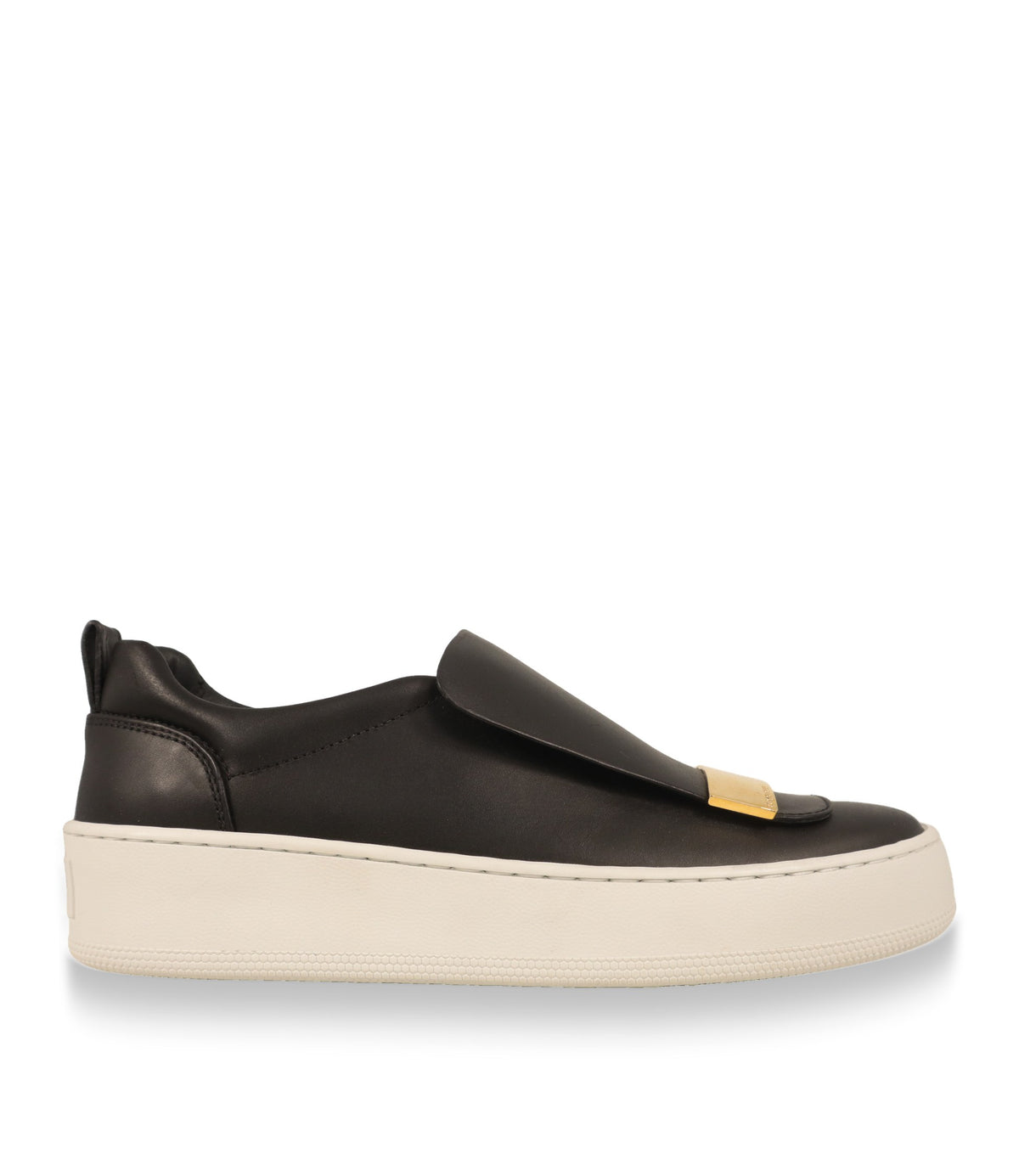 Sergio Rossi Slip-On Sneaker aus schwarzem Leder in der Seitenansicht mit weißer Plateausohle