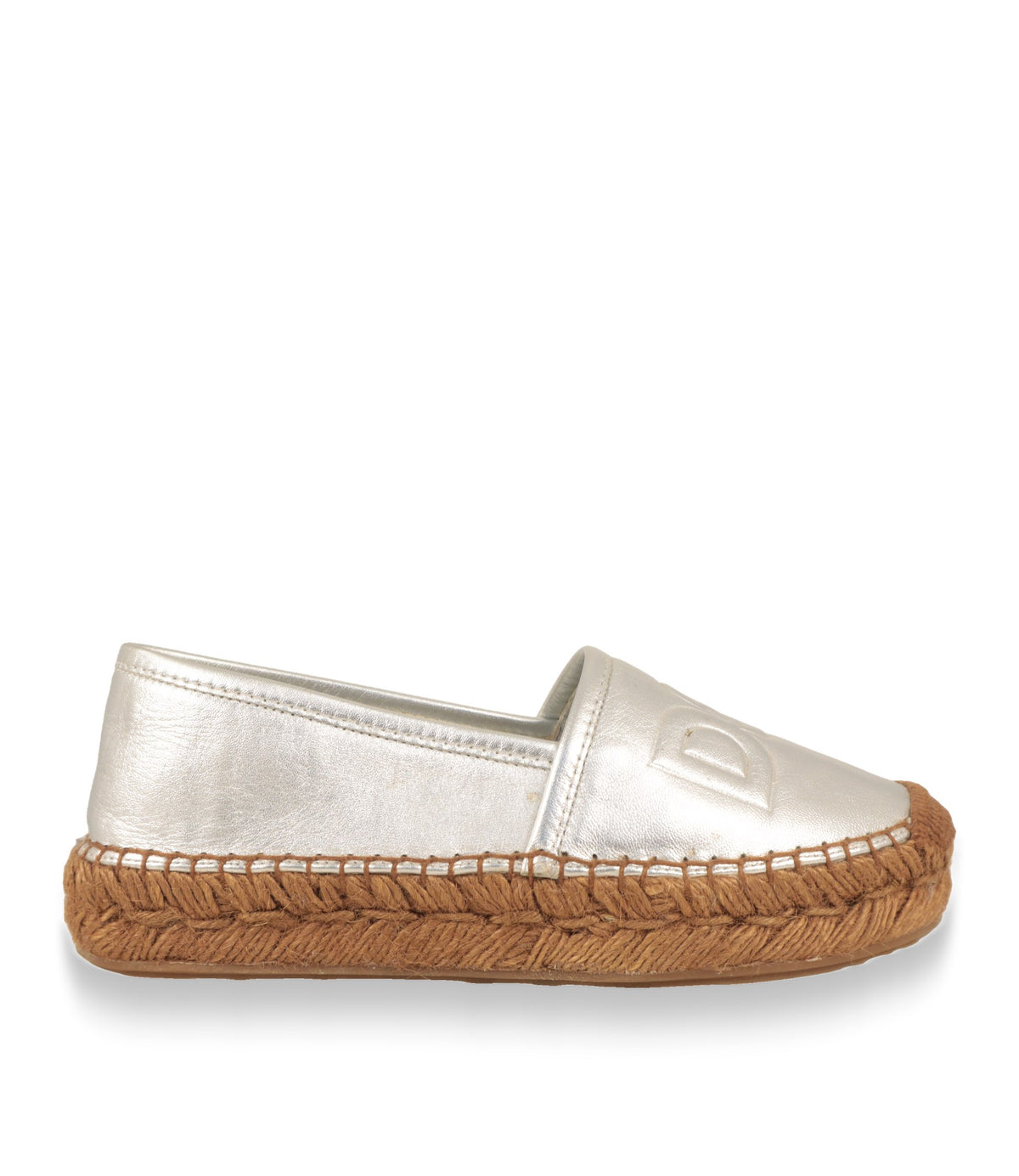 Dolce & Gabbana Espadrilles in Silber aus Metallic-Leder, Seitenansicht mit geflochtener Bastsohle