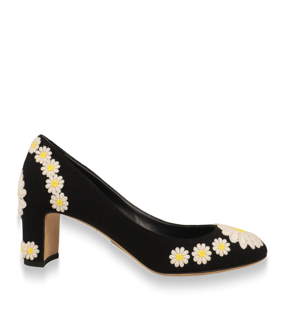 Dolce & Gabbana Pumps in Schwarz mit weißen Margeriten-Stickereien, Seitenansicht mit Blockabsatz