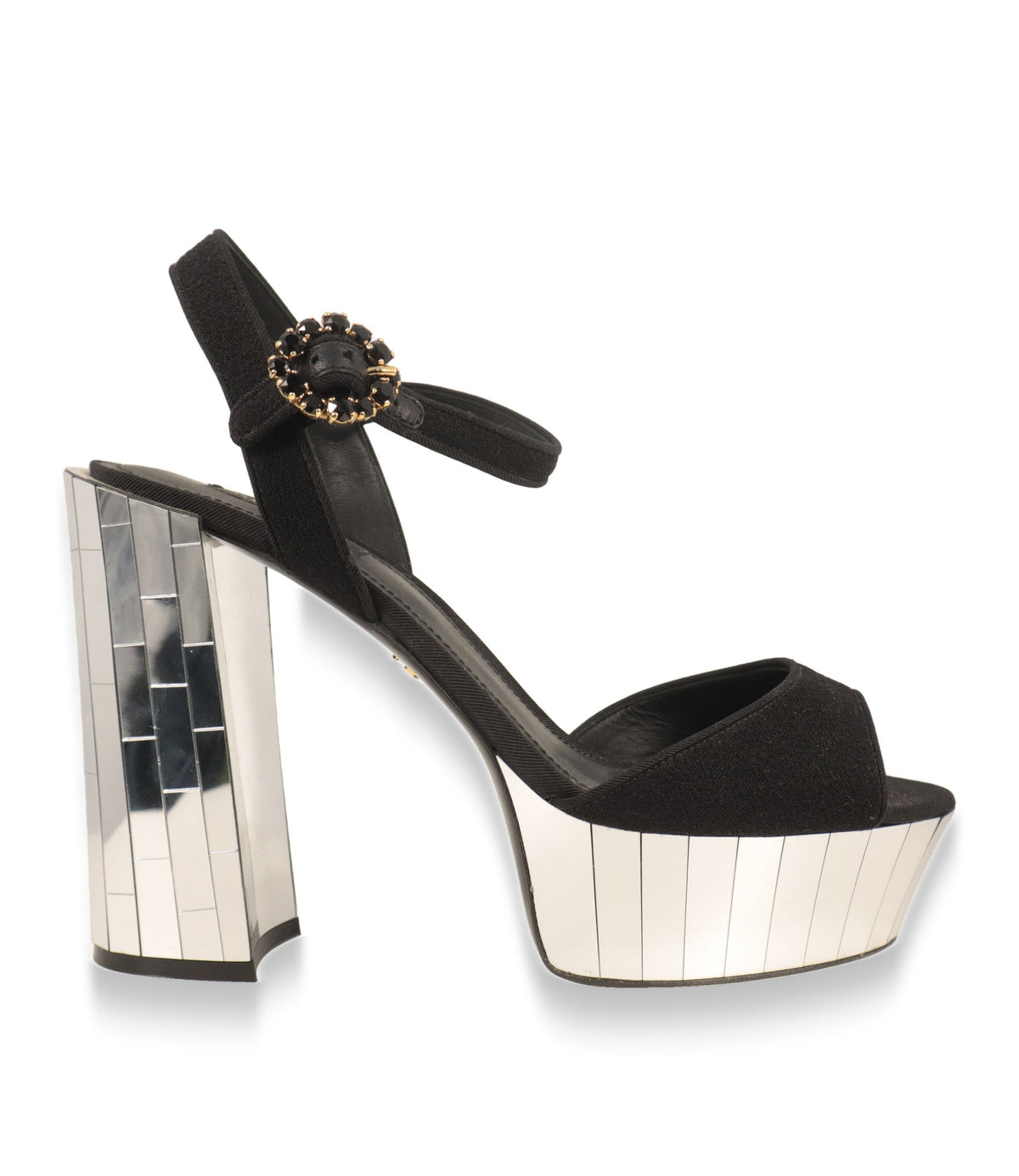 Dolce & Gabbana Plateau-Sandalen in Schwarz mit verspiegeltem Blockabsatz, Seitenansicht