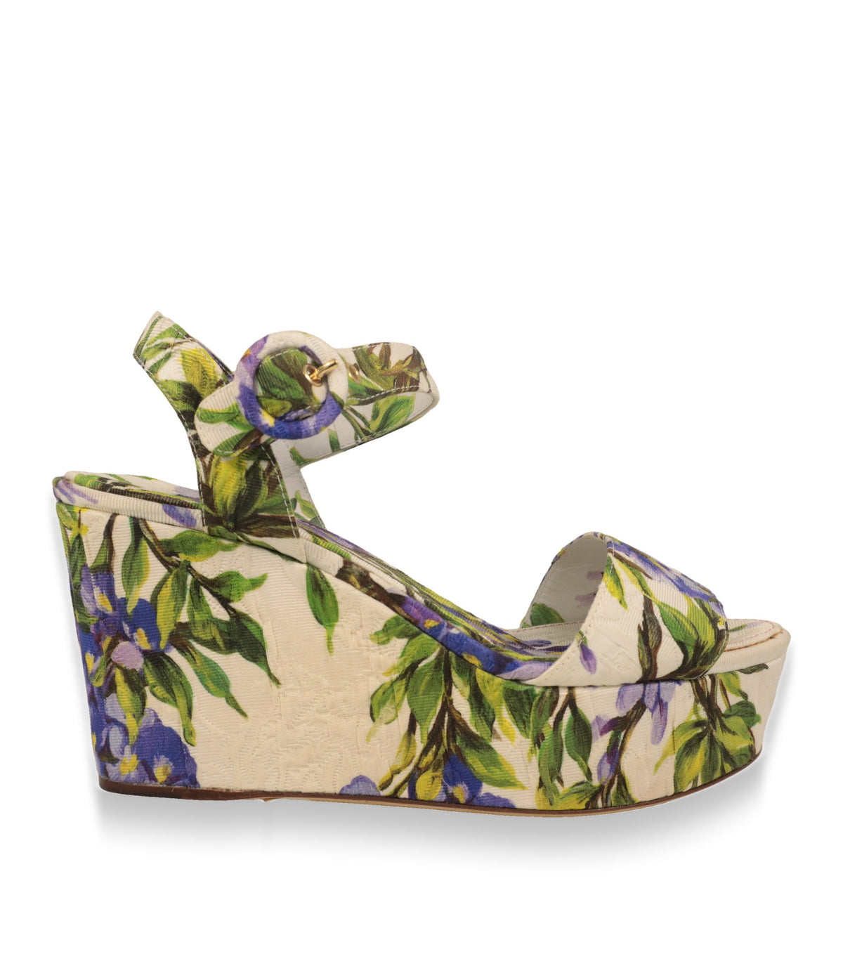 Dolce & Gabbana Plateau-Sandalen Größe 38 in Weiß mit Blumenprint, Seitenansicht mit Keilabsatz