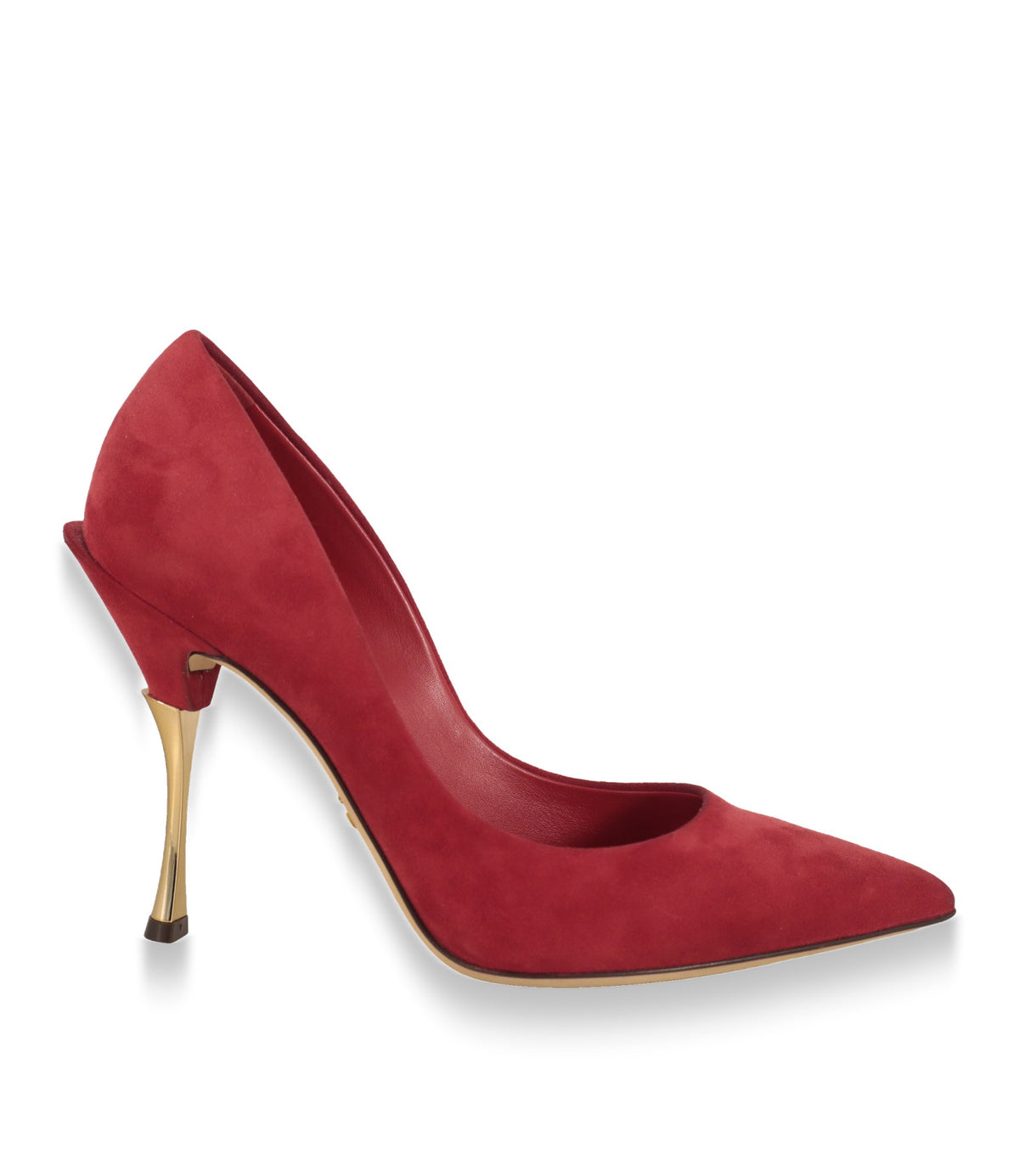 Dolce & Gabbana Pumps aus rotem Veloursleder in der Seitenansicht mit goldfarbenem Absatz