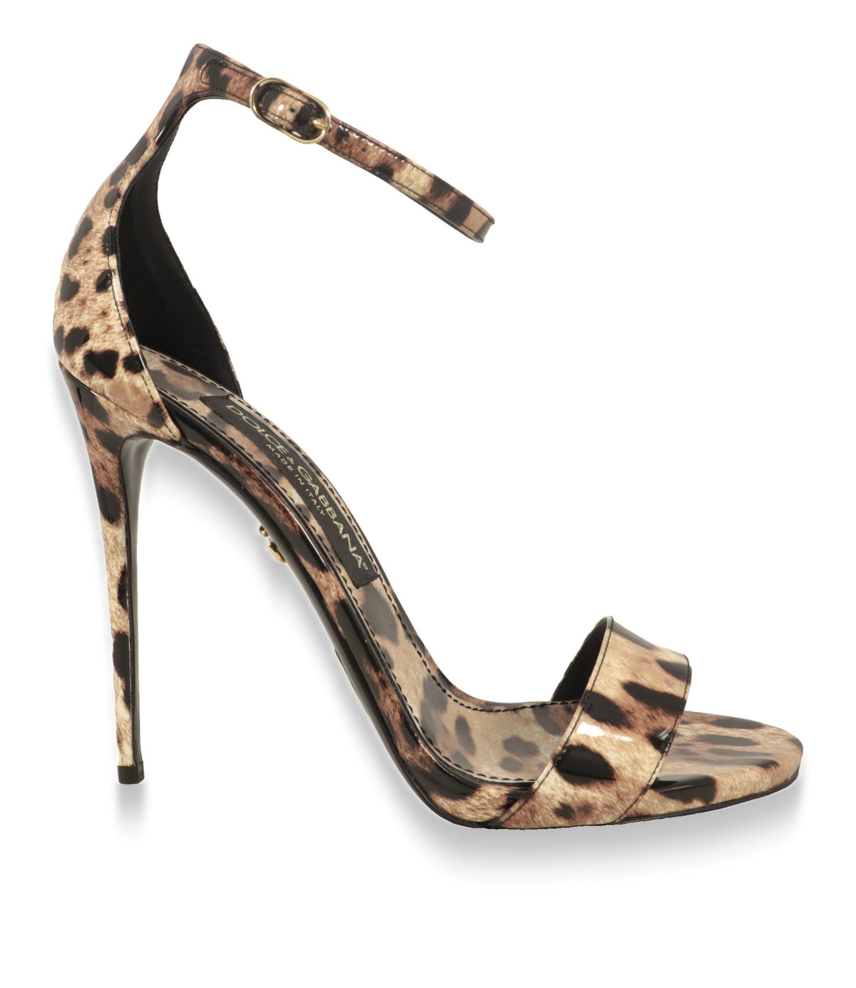 Dolce & Gabbana Sandaletten in Lackleder mit Leoparden-Print, Seitenansicht mit Stiletto-Absatz