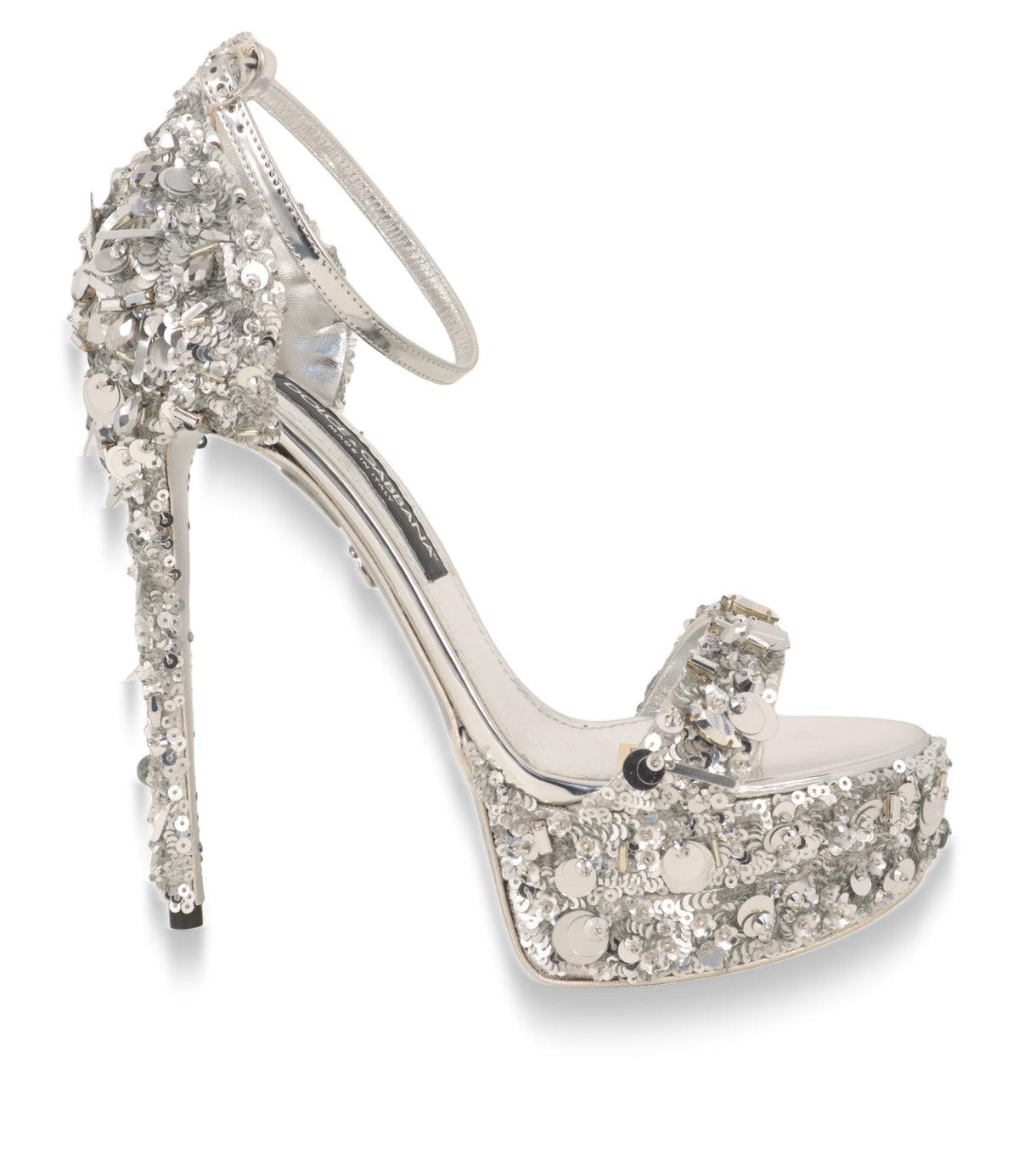 Dolce & Gabbana Plateau-Sandalen in Silber mit Pailletten, Seitenansicht mit hohem Stiletto-Absatz