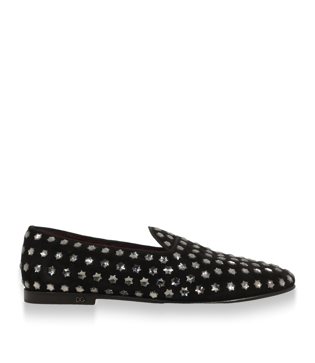 Dolce & Gabbana Slipper in Schwarz aus Wildleder mit Kristallsternen, Seitenansicht