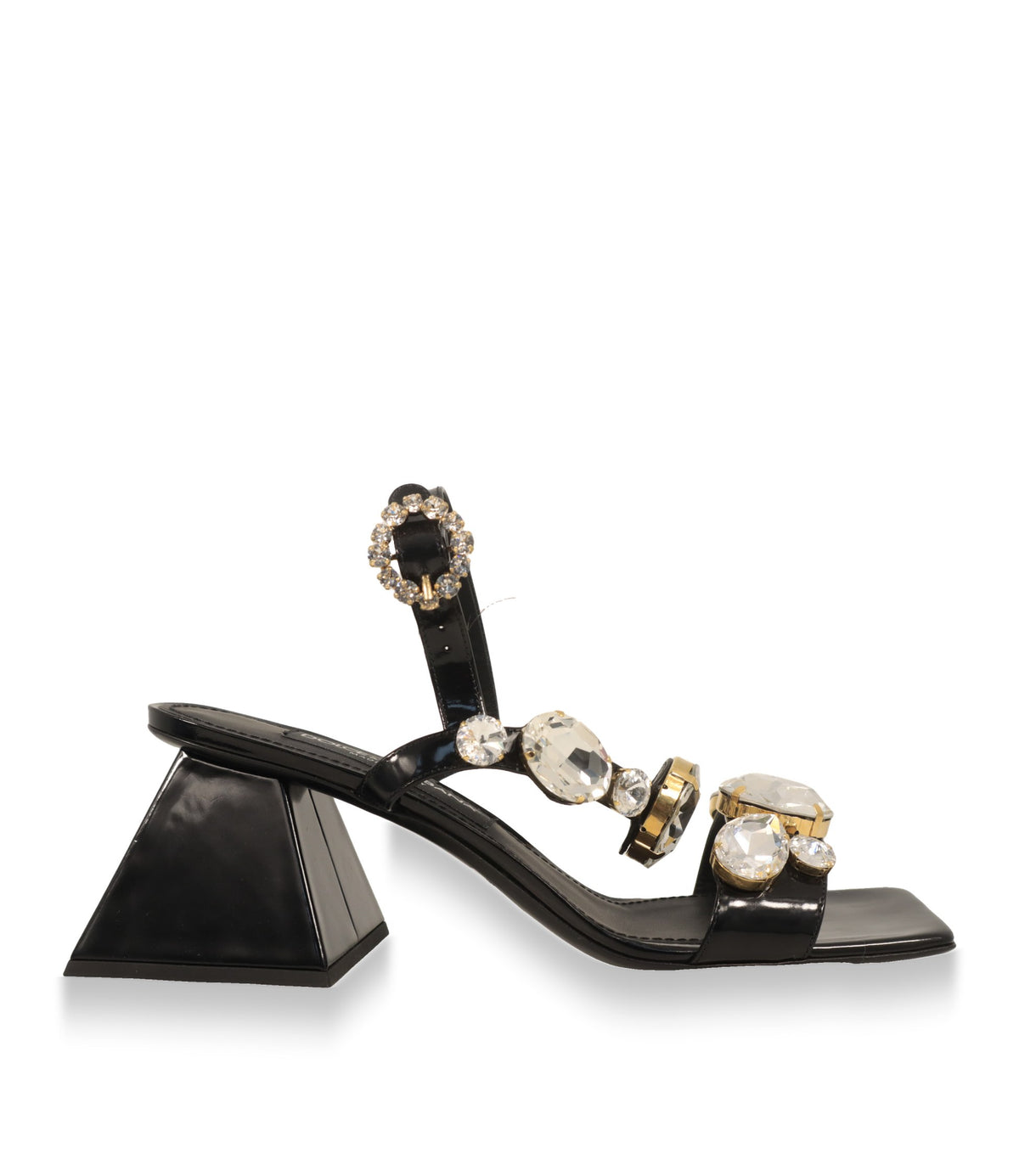 Dolce & Gabbana Sandaletten in Schwarz aus Lackleder mit Kristallen, Seitenansicht mit Blockabsatz