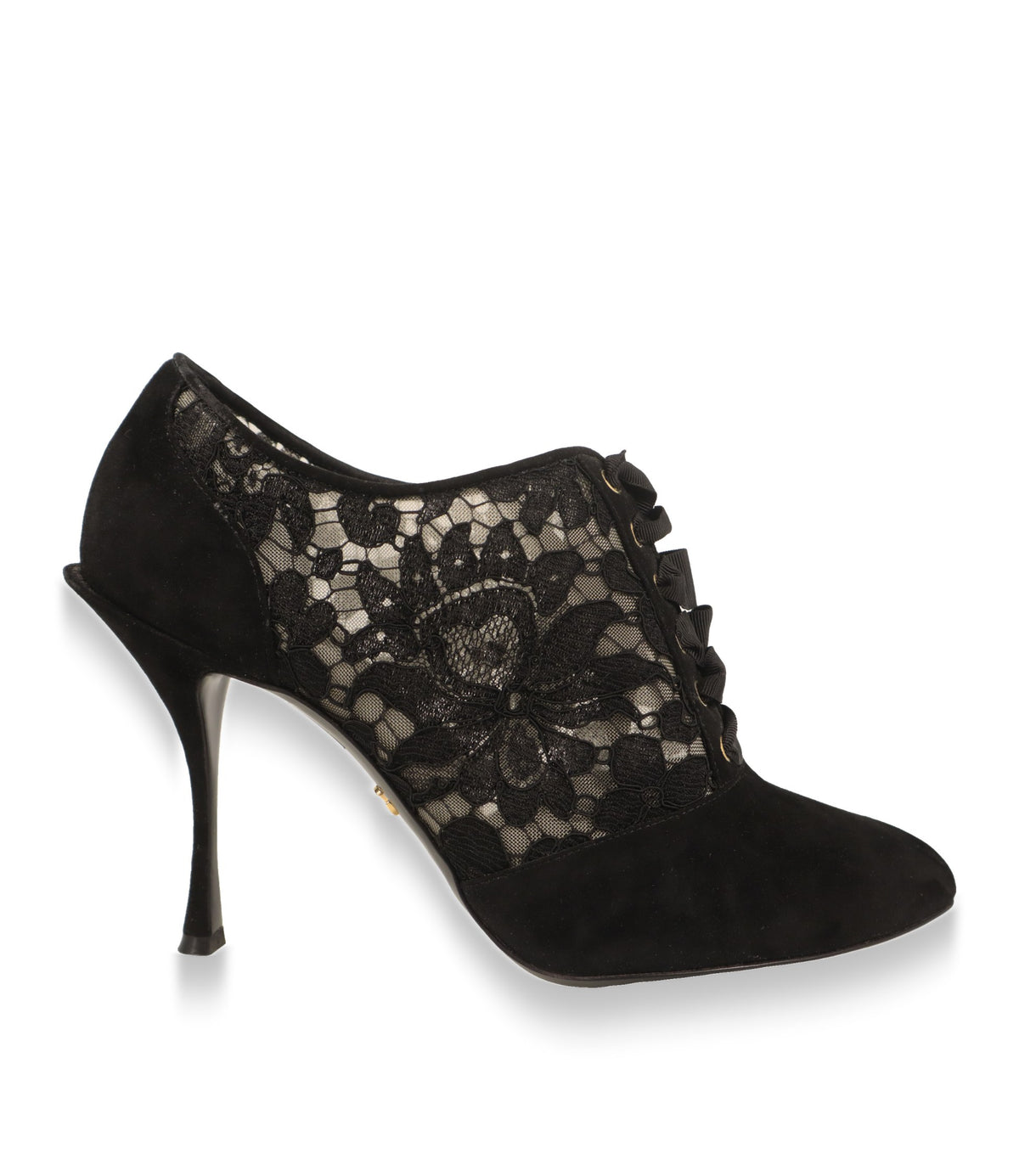 Dolce & Gabbana Stiefeletten aus schwarzem Wildleder mit floraler Spitze und Stiletto-Absatz in der Seitenansicht