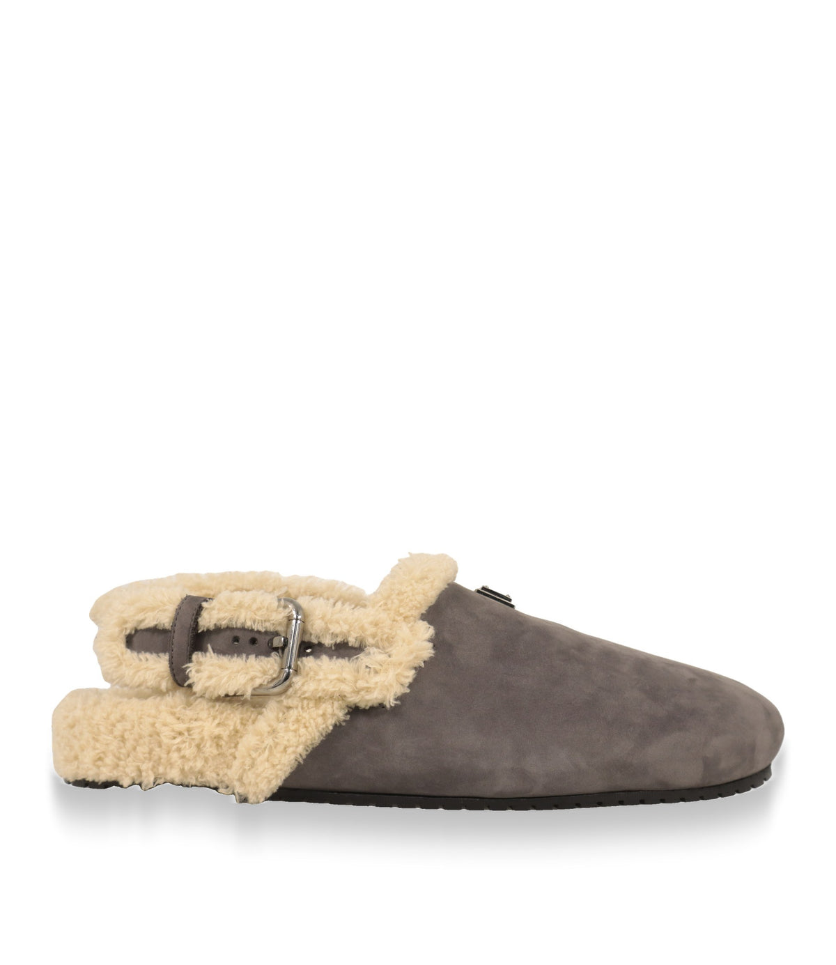Dolce & Gabbana Pantoletten in Grau aus Nubukleder mit Teddyfell-Besatz, Seitenansicht