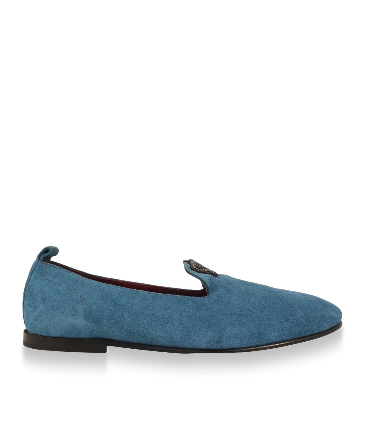 Dolce & Gabbana Slipper aus petrolblauem Wildleder in der Seitenansicht