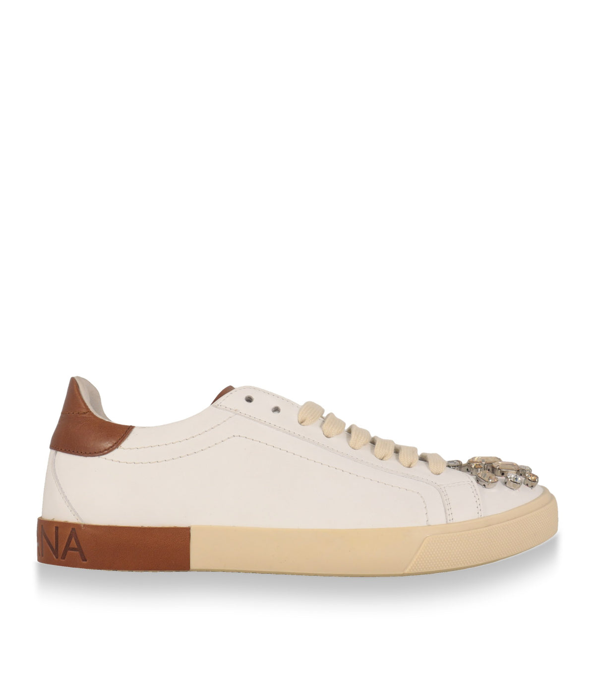 Dolce & Gabbana Sneaker in Weiß mit braunem Sohlenrand in der Seitenansicht