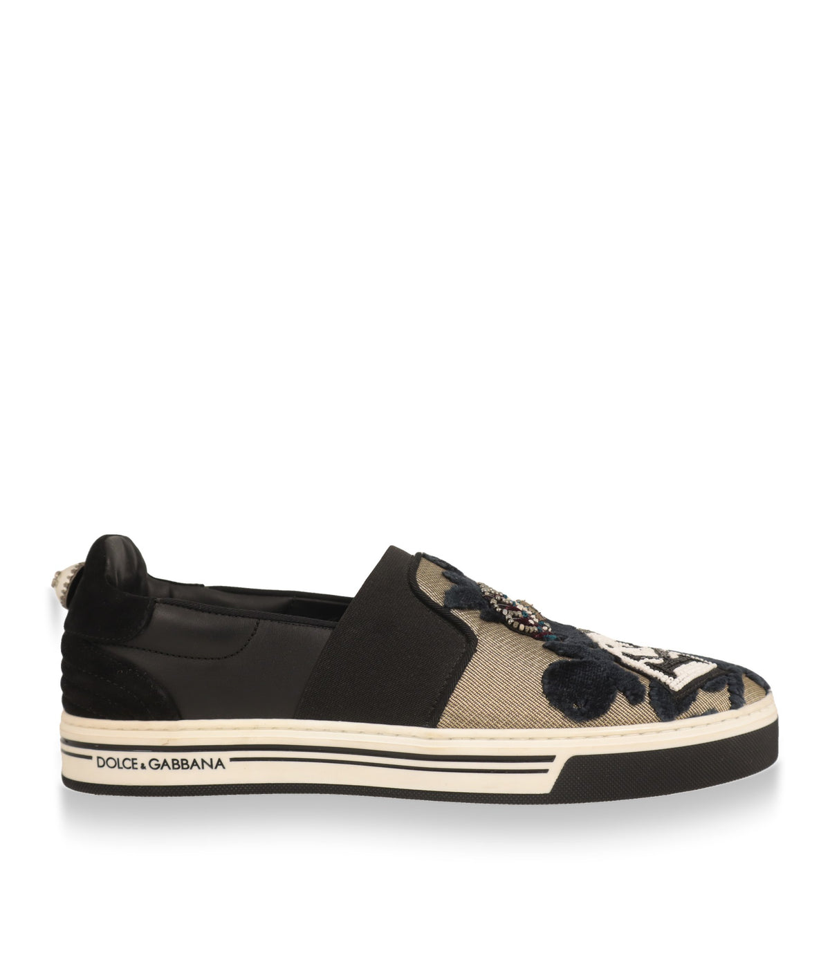Dolce & Gabbana Slip-On Sneaker Größe 41 in Schwarz und Gold in der Seitenansicht