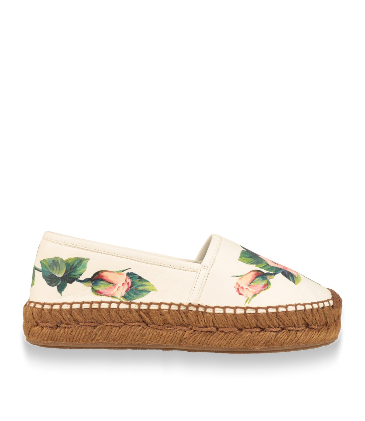 Dolce & Gabbana Espadrilles in Weiß mit Rosen-Print, Seitenansicht mit geflochtener Bastsohle