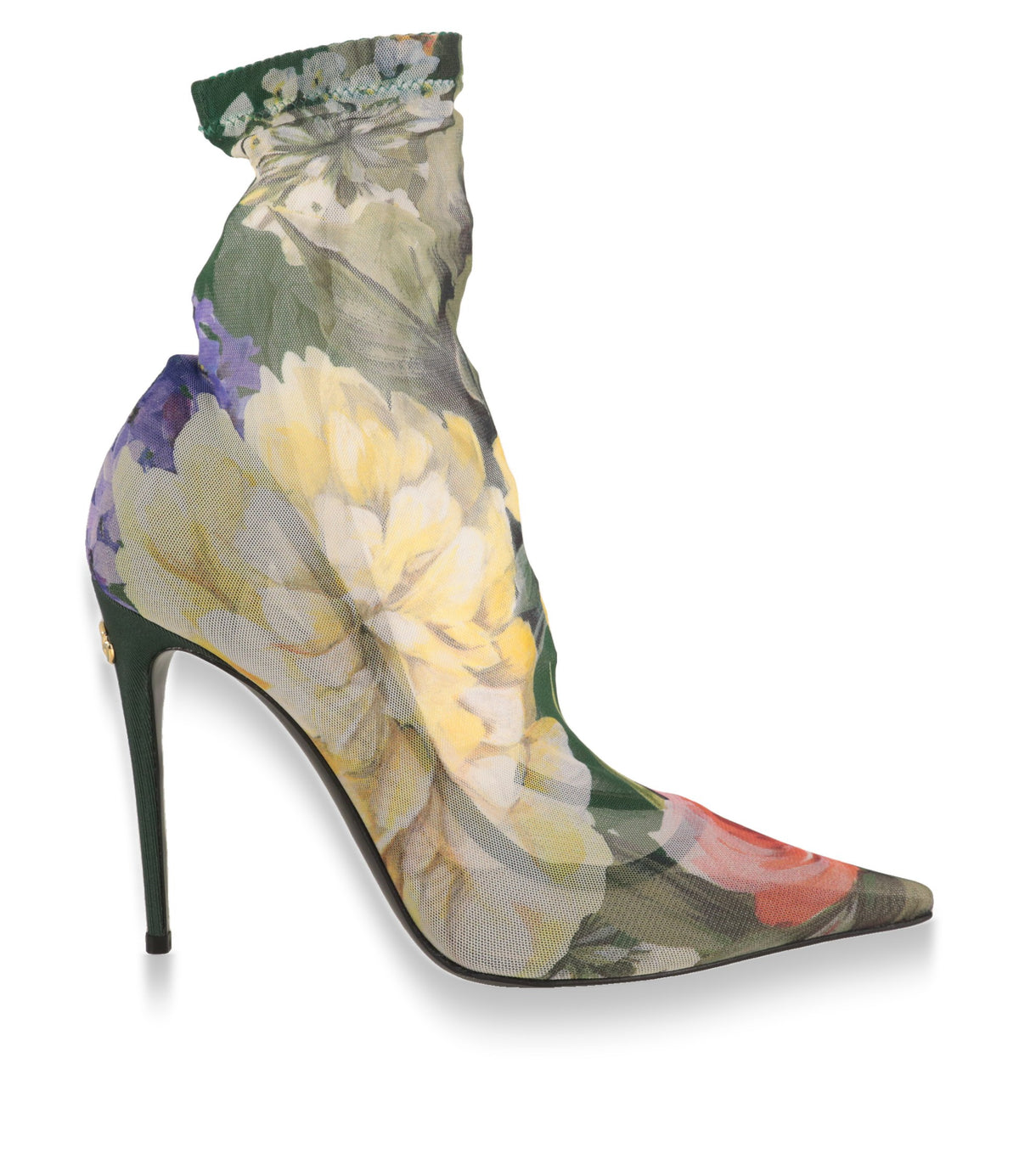 Dolce & Gabbana Stiefeletten aus floralem Tüll mit grünem Stiletto-Absatz in der Seitenansicht