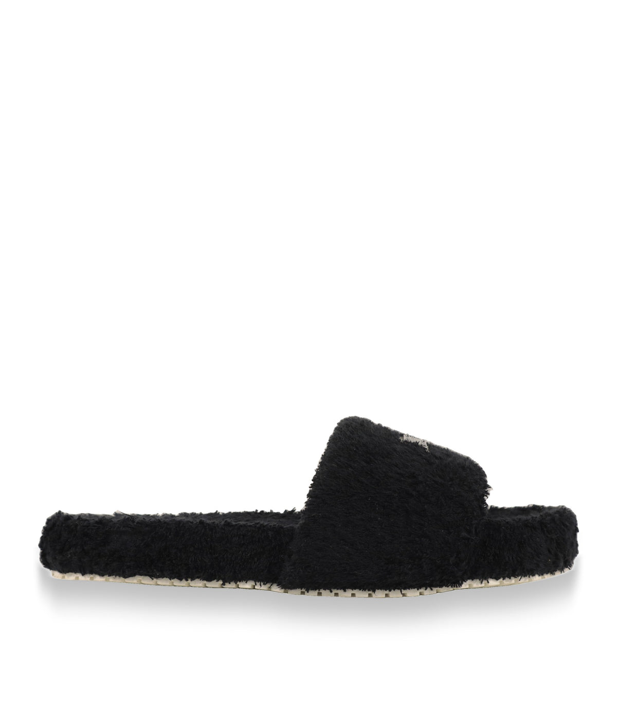 Dolce & Gabbana Pantoletten in Schwarz aus Frottee, Seitenansicht mit weißer Laufsohle