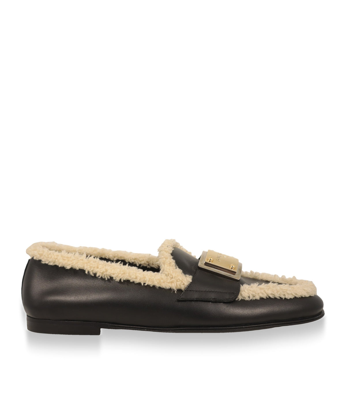 Dolce & Gabbana Loafer Herren schwarz Leder mit cremefarbenem Teddy-Besatz Seitenansicht