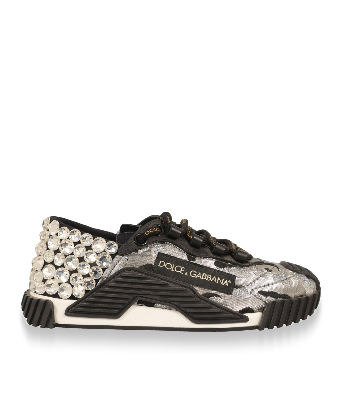 Dolce & Gabbana Sneaker Größe 35 in Silber-Schwarz mit Kristallferse, Seitenansicht