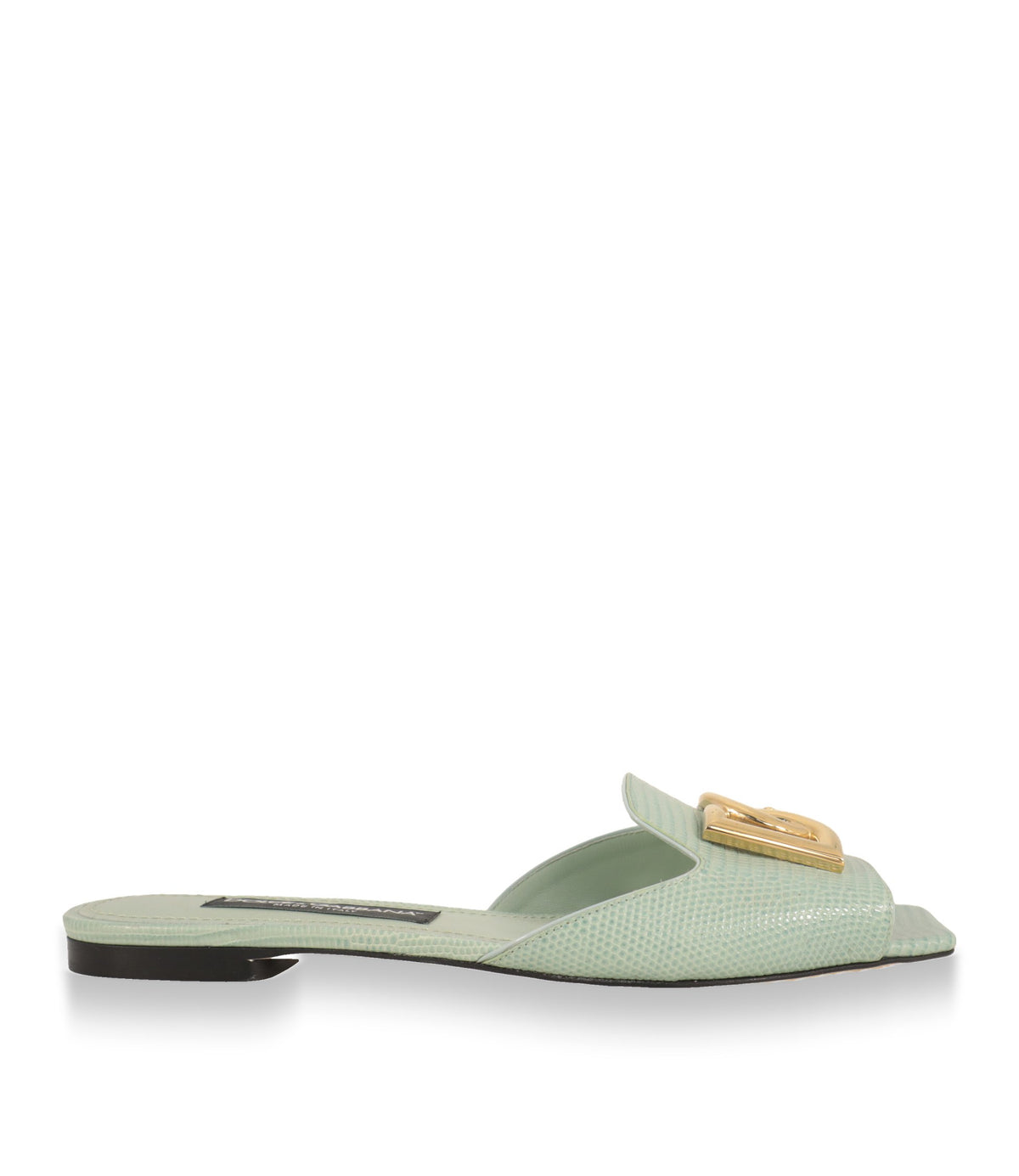 Dolce & Gabbana Pantoletten in Mintgrün aus Leder, Seitenansicht mit goldenem DG-Logo