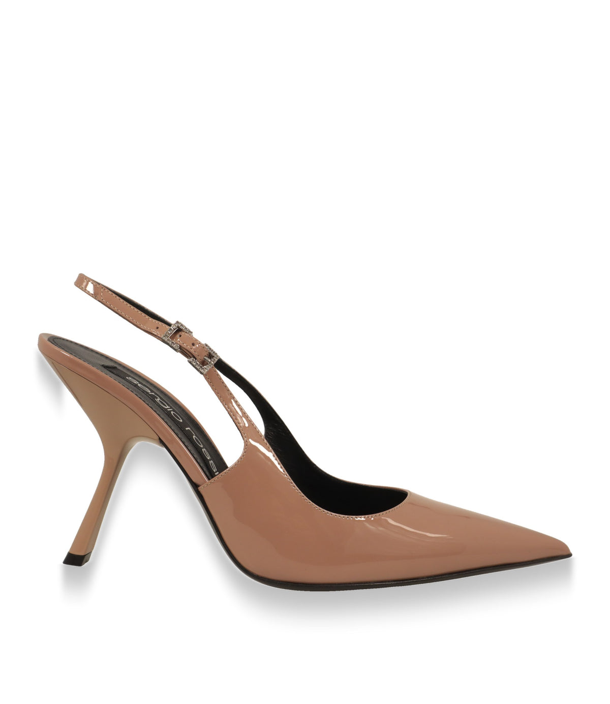 Sergio Rossi Slingback Pumps in dunklem Beige aus Lackleder, Seitenansicht mit hohem Stiletto-Absatz