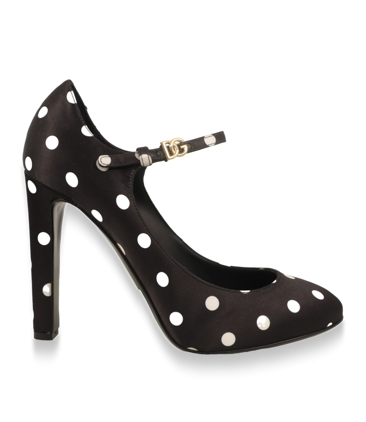 Dolce & Gabbana Mary Jane Schuhe in Schwarz mit weißen Punkten, Seitenansicht mit Blockabsatz
