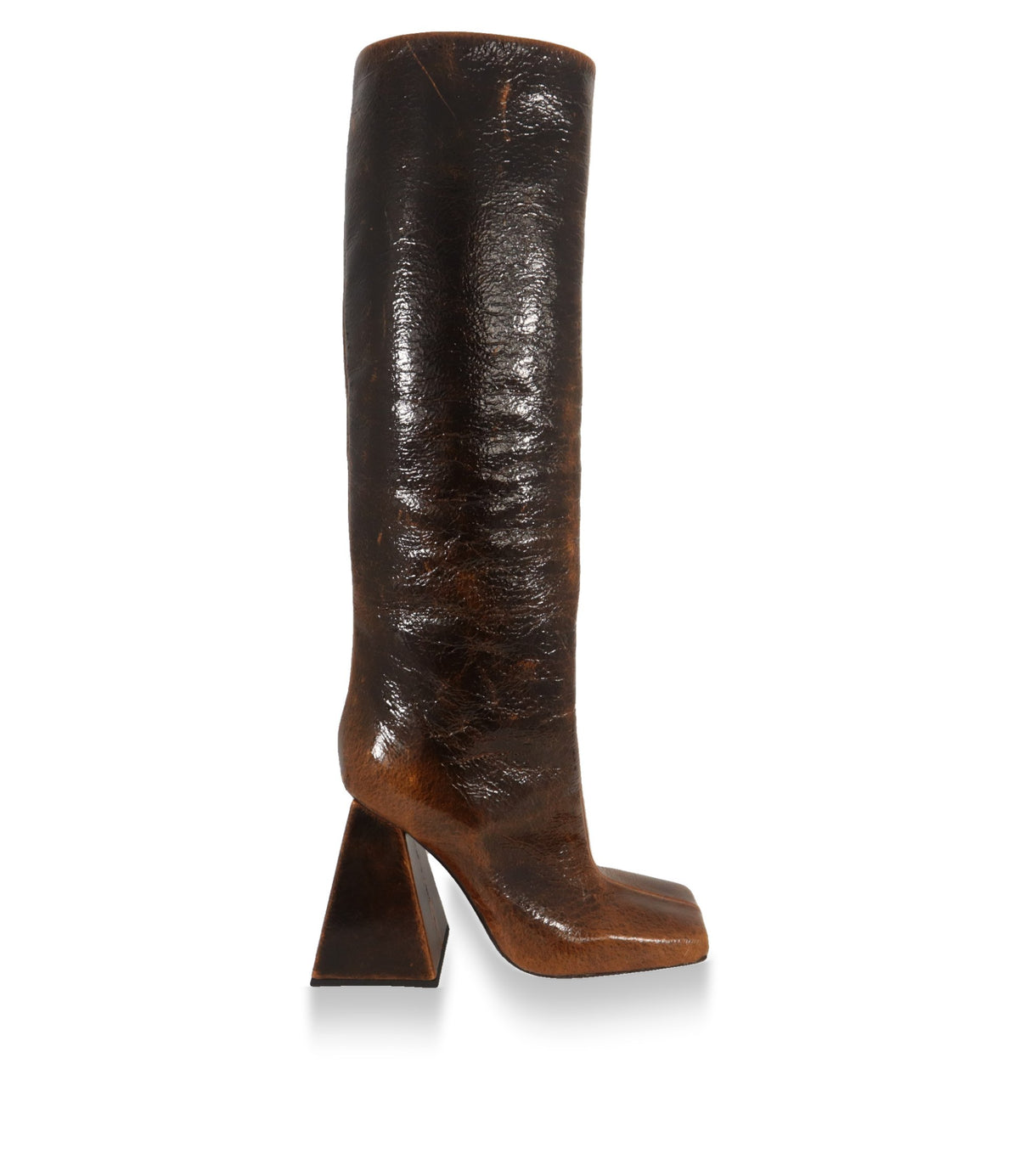 Dolce & Gabbana Stiefel in Braun aus lackiertem Gewebe, Seitenansicht mit trapezförmigem Blockabsatz