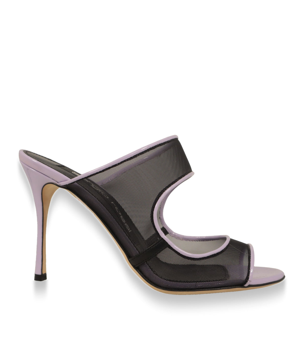 Sergio Rossi Mules in Lila und Schwarz aus Lackleder und Mesh, Seitenansicht mit hohem Stiletto-Absatz