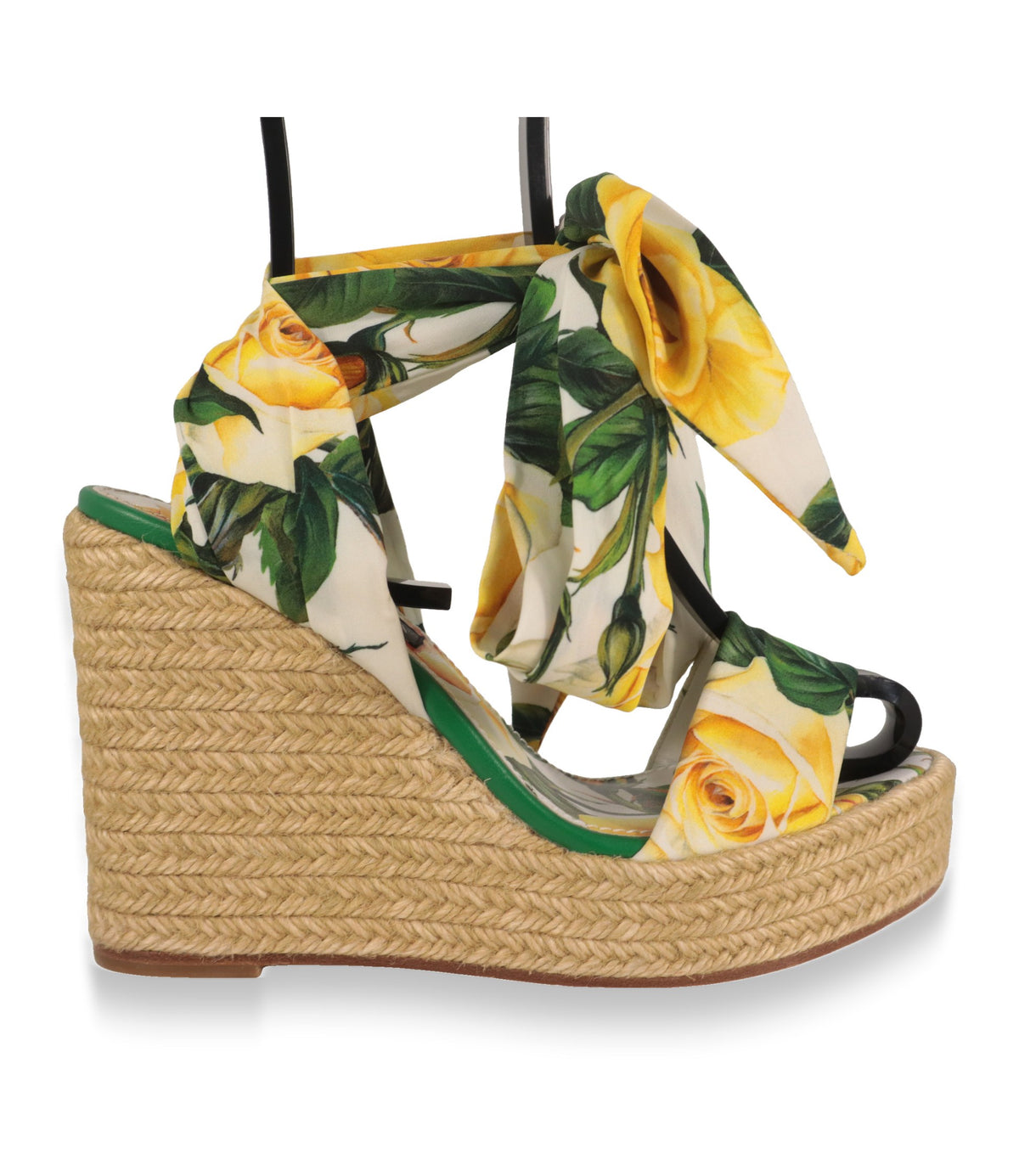 Dolce & Gabbana Plateau-Sandalen in Gelb mit Rosendruck und Jute-Keilabsatz, Seitenansicht